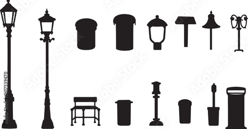 Street Lamp Silhouettes: Vector Illustration of Urban Design Elements