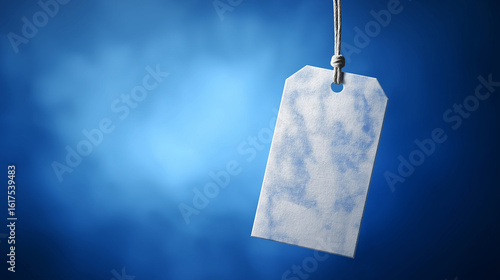 Vintage paper tag floating in blue space with abstract texture, minimalist design concept.
