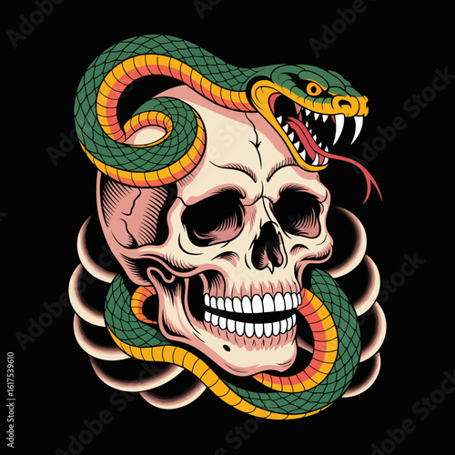 A striking image of a snake entwined around a skull, the artwork symbolizes the balance of life and death while highlighting themes of peril, danger, and artistic expression.