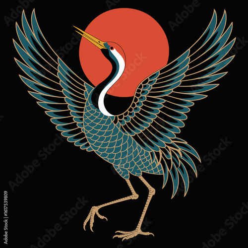 This artful depiction features a stylized crane with wings spread wide, set against a radiant red sun, symbolizing grace and natural beauty through masterful illustration techniques.