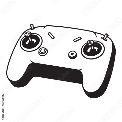 Black and white illustration of a drone remote controller with detailed control components