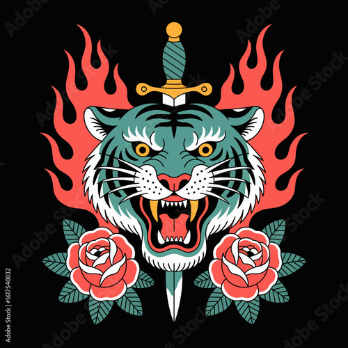 A powerful roaring tiger surfaces in this tattoo art image, accentuated by roses and a sword, merging nature's ferocity with beauty while delivering a compelling emotional impact.