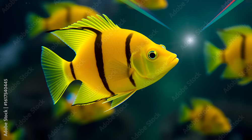 Naklejka premium Striped Angelfish Vibrant Yellow and Black Aquatic Beauty ,