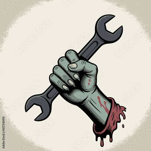 In this evocative image, a zombie's hand with a bloody wrench protrudes menacingly, illustrating themes of undead persistence and the gritty essence of survival.