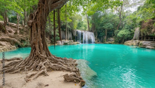 Lush turquoise pool, cascading waterfall, ancient tree roots