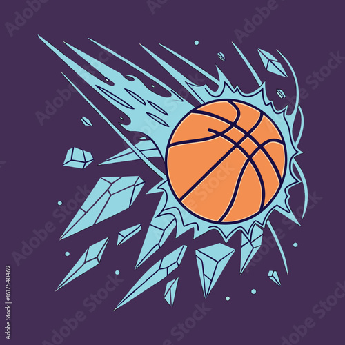 Exploding Basketball with Ice Shards – Dynamic Sports Illustration in Comic Style .