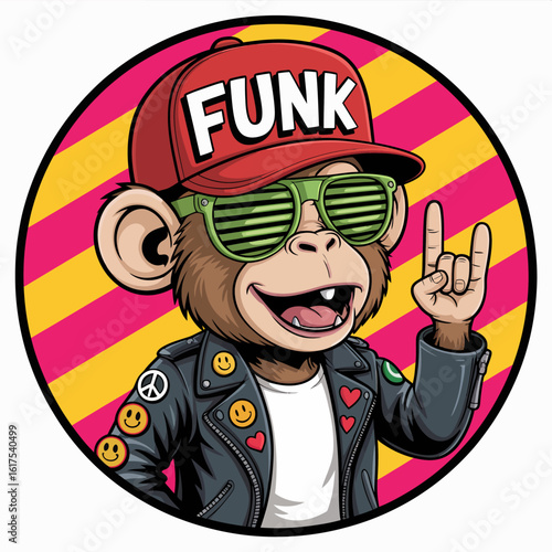 This vibrant illustration showcases a funky monkey wearing green sunglasses and a red cap, portraying a laid-back and joyful vibe with colorful backgrounds and stylish attire.