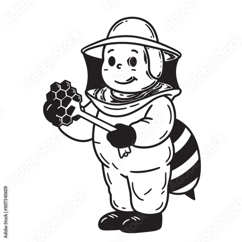 Cartoon beekeeper character smiling and holding honeycomb depicting a sweet beekeeping profession