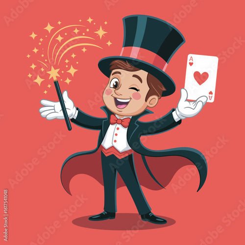 A cheerful magician stands confidently, showcasing a playing card and a magic wand, radiating joy and skill that captivates the audience with a sparkling show.