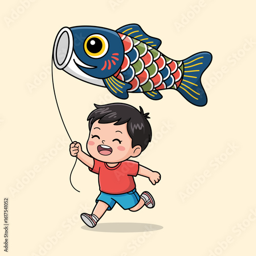 A delighted child runs joyfully through an idyllic grassy area, proudly flying a colorful fish kite, representing the bliss and freedom of playful childhood adventures.