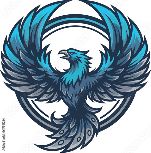 A majestic blue phoenix, wings outstretched, encircled by a stylized frame.