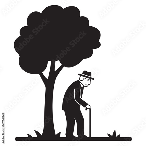 Elderly man walking with cane under tree black and white illustration concept