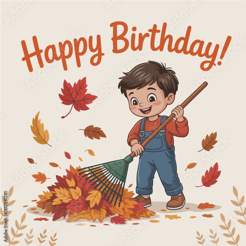 A cheerful boy happily rakes a pile of colorful autumn leaves, celebrating his birthday with a joyful expression and vibrant seasonal scenery around him.