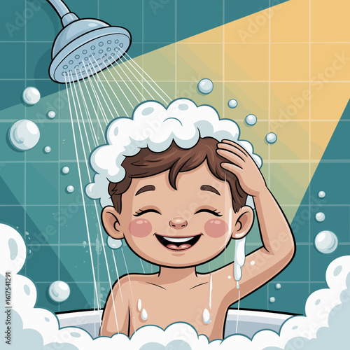 A charming young boy enjoys bathtime beneath a shower, surrounded by bubbles. His delighted expression embodies the joy and innocence of childhood adventures.