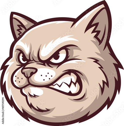 Cartoon illustration of an angry cat's head with a scowling expression and bared teeth.