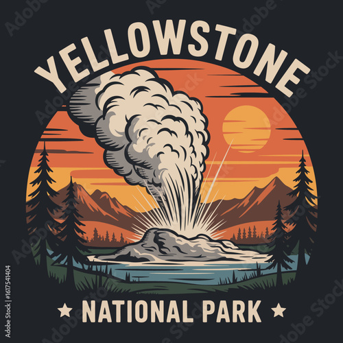A stunning depiction of a geyser eruption in Yellowstone National Park, surrounded by scenic mountains and tall trees, showcasing nature's raw beauty and power.