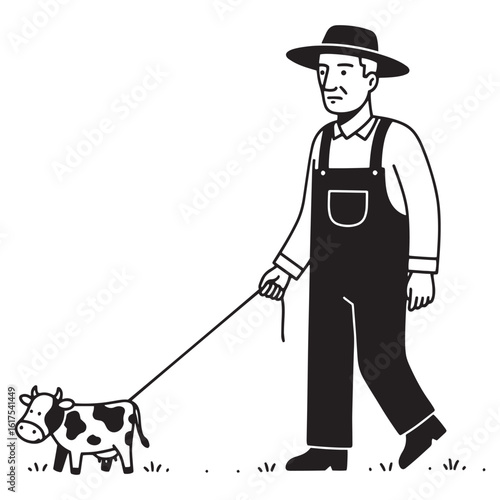 Farmer walking a cow on a leash black and white illustration of farm life