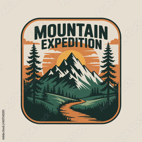 An eye-catching illustration of majestic mountain peaks captured during a sunset, emphasizing the grandeur of nature and the spirit of outdoor adventure and exploration.