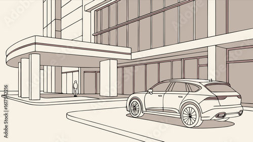 Luxury hotel entrance with car parking and valet service architecture design building modern style illustration