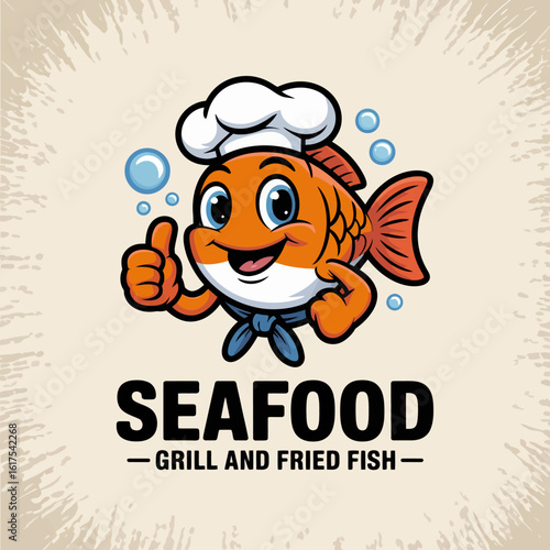 This eye-catching image presents a friendly fish character donning a chef's hat, ideal for advertising grilled and fried seafood specials in eateries.