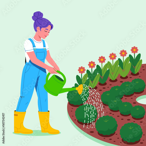 A casual gardener nurtures green bushes and vibrant flowers, embodying the joy and rewarding experience of maintaining a beautiful garden while enhancing nature's beauty.