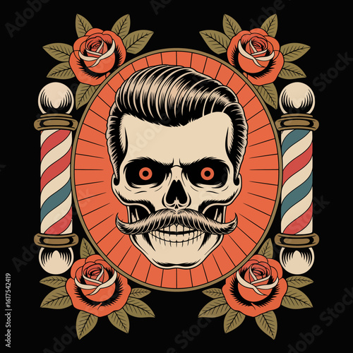 An exquisite skull illustration featuring roses and a well-defined mustache presented in a rich color palette, perfectly reflecting gothic and vintage artistic themes.