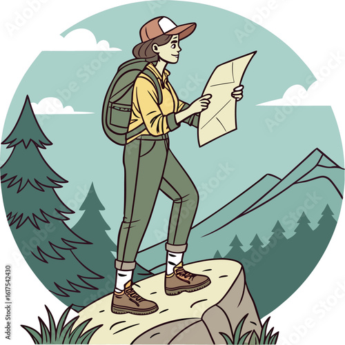 A traveler standing on rock looking at map