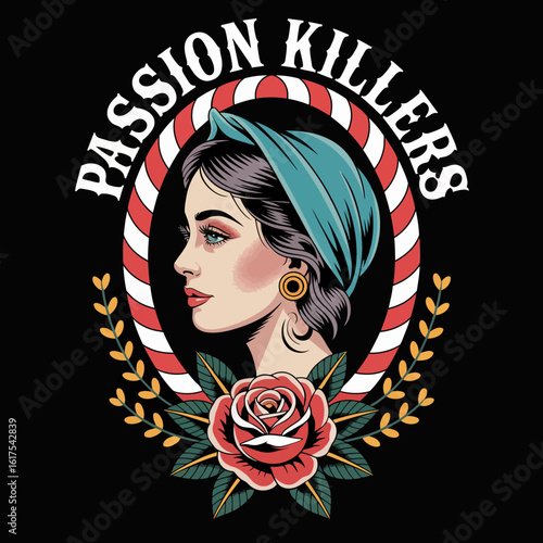 This image features a vintage-inspired illustration of a woman in profile, adorned with a blue headscarf and a rose, encapsulating beauty and nostalgia in a unique style.