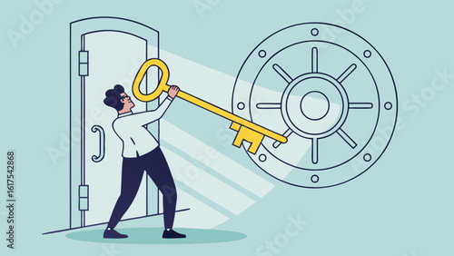 Unlock success concept man opening vault door with key business security and achievement illustration vector