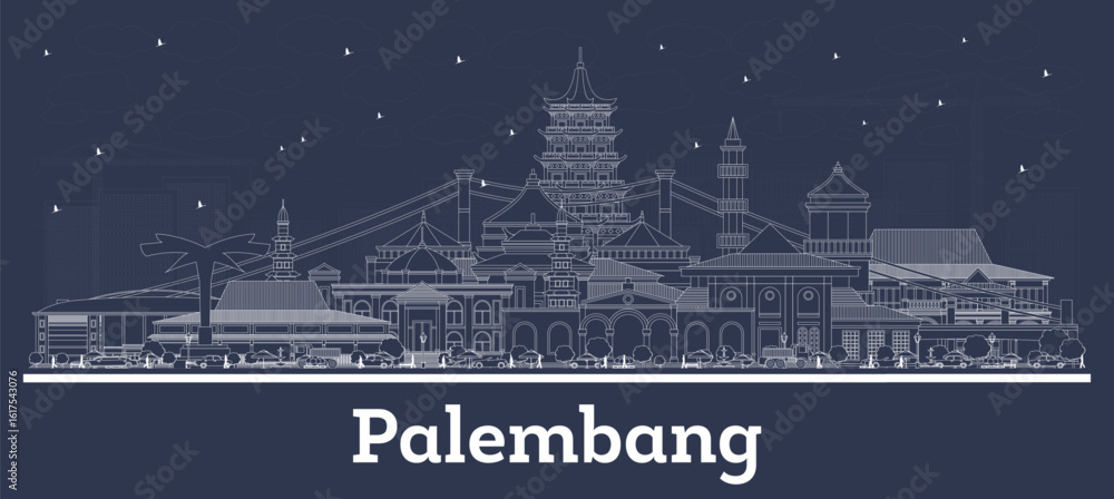 Fototapeta premium Outline Palembang Indonesia City Skyline with white Buildings. Illustration. Business Travel and Tourism Concept with Historic Architecture. Palembang Cityscape with Landmarks.