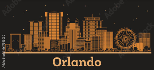 Outline Orlando Florida City Skyline with orange Buildings. Business Travel and Tourism Concept with Historic Architecture. Orlando USA Cityscape with Landmarks.