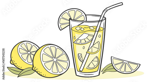 A refreshing glass of lemonade with lemons and a straw, isolated on white background