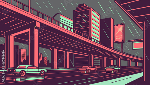 Retro city rainy drive illustration with vintage cars and urban infrastructure cityscape artwork design