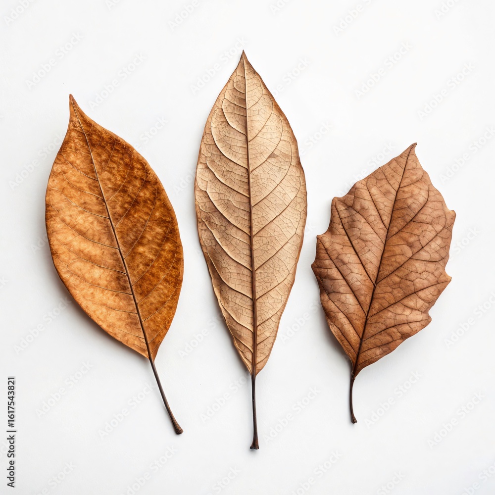Fototapeta premium Group of Three Dry Leaves Arranged in Triangle on White