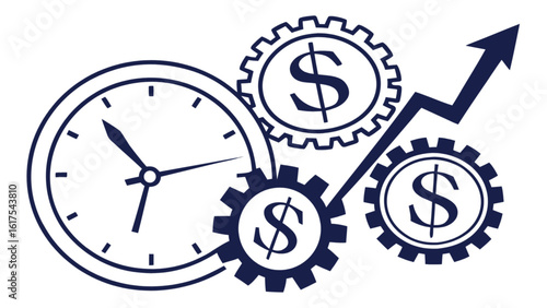 Time is money investment strategy clock gears dollar signs arrow up financial growth business success concept