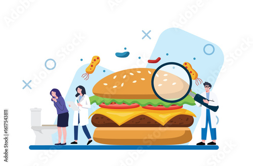 Food Poisoning Sick Woman, Burger, Scientists with Magnifying Glass