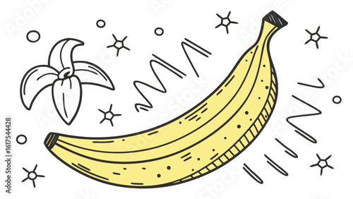 A ripe yellow banana and its peel isolated on white background, a healthy and nutritious tropical fruit