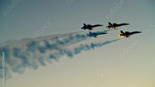 Aerial Display of Aircraft: Four fighter jets soar across the sky, their synchronized movements leaving trails of colored smoke, showcasing the pinnacle of aerial skill and precision.