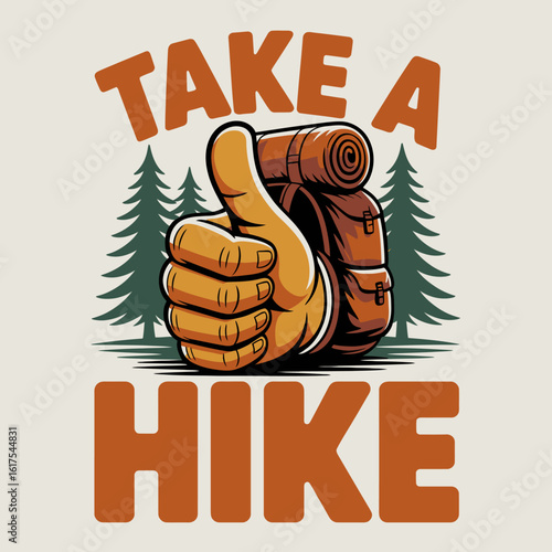 An artistic image encouraging hikes in nature, showing a thumbs-up figure with a backpack and trees, embodying the spirit of adventure and outdoor fun for all ages.