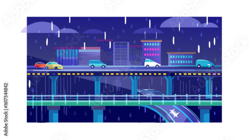 Cityscape rainy night driving cars on overpass bridge illustration vector design urban scene transportation art