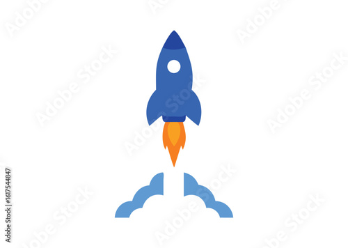 Blue and orange rocket launching with smoke trails vector illustration