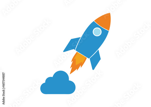 Blue and orange rocket launching with smoke trails vector illustration
