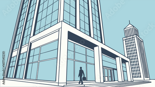 Illustration of modern office building with business man architecture and urban cityscape design style