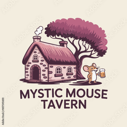 This playful illustration depicts a cheerful mouse with a beer outside a quaint tavern, complemented by a large tree, conveying a lighthearted and inviting ambiance.