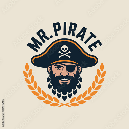 This image features a vibrant pirate character with an eye patch, a distinct hat, and a mighty beard surrounded by a decorative laurel, embodying adventure and bravado.