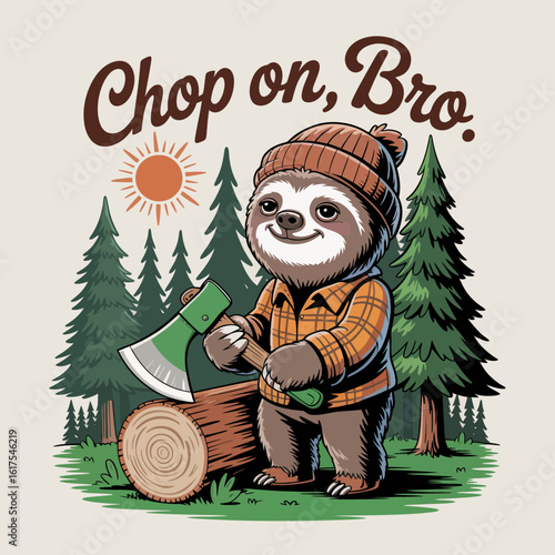 This cheerful sloth, wearing a cozy beanie and plaid shirt, joyfully chops wood with an axe, symbolizing a relaxed and happy life in the great outdoors.