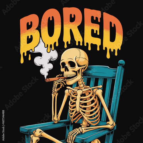 A chilled skeleton depicted in a relaxed pose, smoking and embodying a humorous vibe, creating an amusing and ironic representation of leisure and human nature.