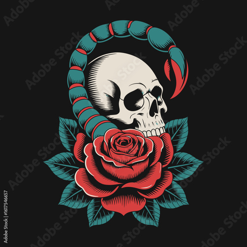 Featuring a skull intertwined with a scorpion and nestled among roses, this artwork powerfully represents life's fragility and the duality of beauty and danger in a striking visual.