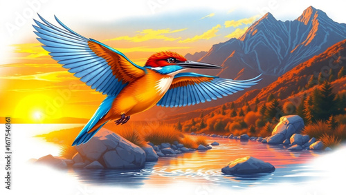 A vibrant kingfisher soars above a serene river landscape at sunset with mountains in the distance created with generated ai