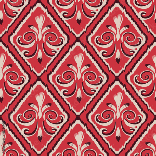 Ikat pattern hand drawn red tone, Motif ethnic floral seamless textil, embroidery, print striped ornament floral, pattern, design for wrapping, silk, scarf, background, textile